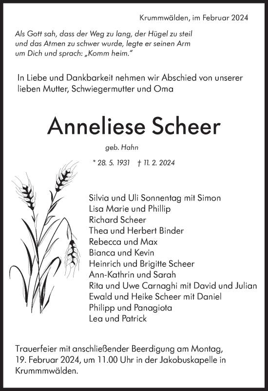 Traueranzeige von Anneliese Scheer von NWZ Neue Württembergische Zeitung