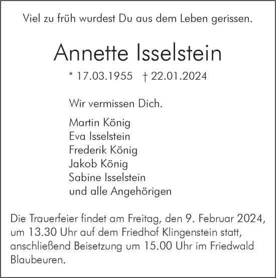 Traueranzeige von Annette Isselstein von SÜDWEST PRESSE Ausgabe Ulm/Neu-Ulm