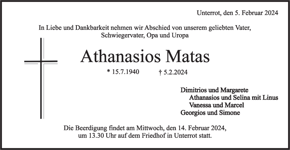  Traueranzeige für Athanasios Matas vom 10.02.2024 aus Rundschau Gaildorf