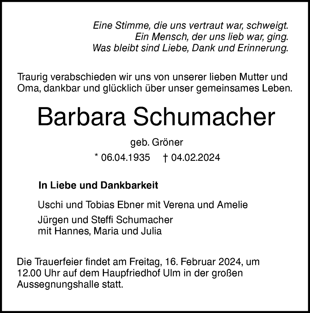  Traueranzeige für Barbara Schumacher vom 10.02.2024 aus SÜDWEST PRESSE Ausgabe Ulm/Neu-Ulm