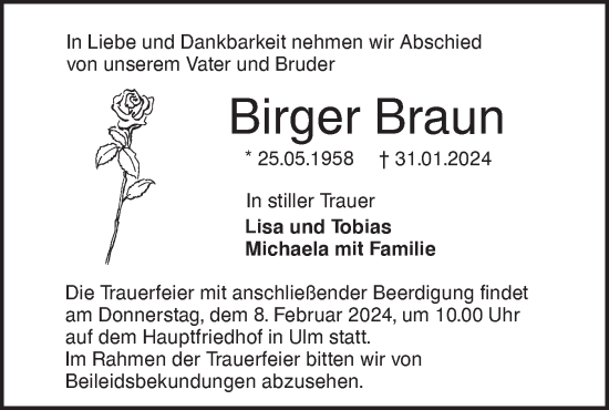 Traueranzeige von Birger Braun von SÜDWEST PRESSE Ausgabe Ulm/Neu-Ulm