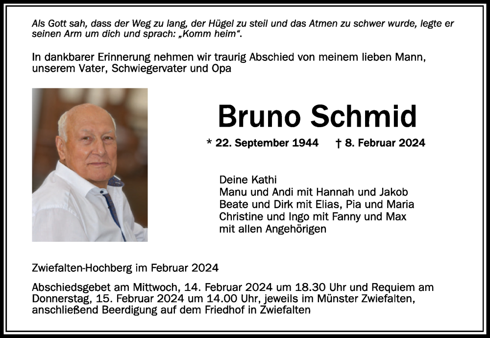  Traueranzeige für Bruno Schmid vom 13.02.2024 aus Alb-Bote/Metzinger-Uracher Volksblatt