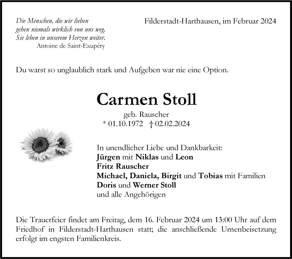  Traueranzeige für Carmen Stoll vom 10.02.2024 aus SÜDWEST PRESSE/SÜDWEST PRESSE