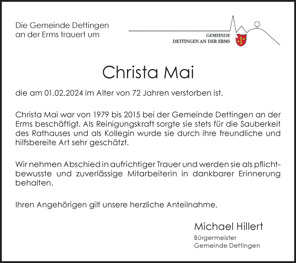  Traueranzeige für Christa Mai vom 15.02.2024 aus SÜDWEST PRESSE/SÜDWEST PRESSE