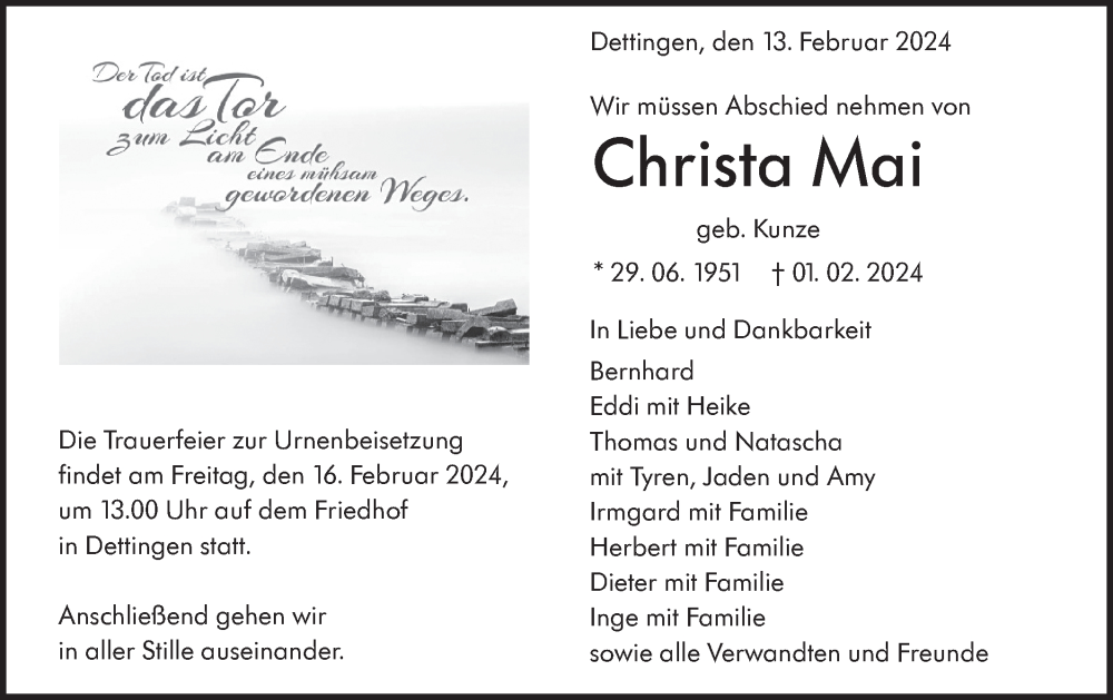  Traueranzeige für Christa Mai vom 13.02.2024 aus SÜDWEST PRESSE/SÜDWEST PRESSE