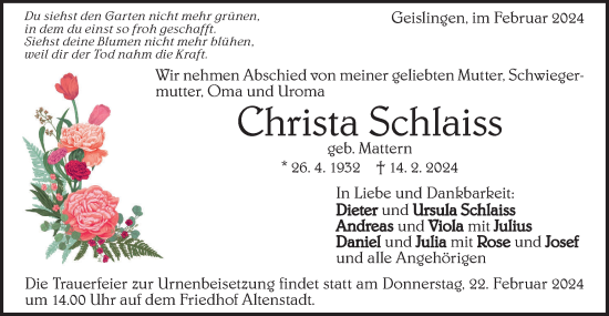 Traueranzeige von Christa Schlaiss von Geislinger Zeitung