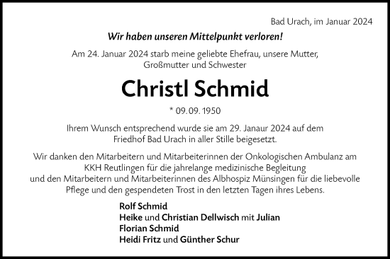 Traueranzeige von Christl Schmid von SÜDWEST PRESSE/SÜDWEST PRESSE
