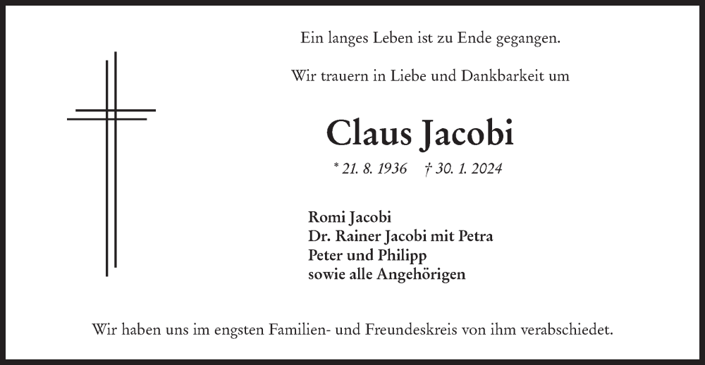  Traueranzeige für Claus Jacobi vom 13.02.2024 aus Hohenloher Tagblatt