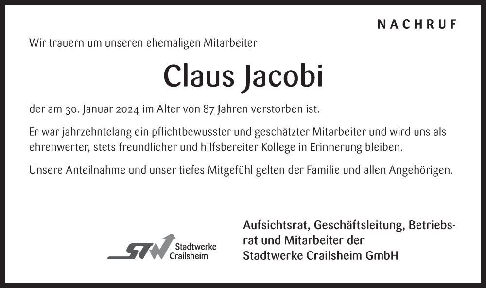  Traueranzeige für Claus Jacobi vom 22.02.2024 aus Hohenloher Tagblatt