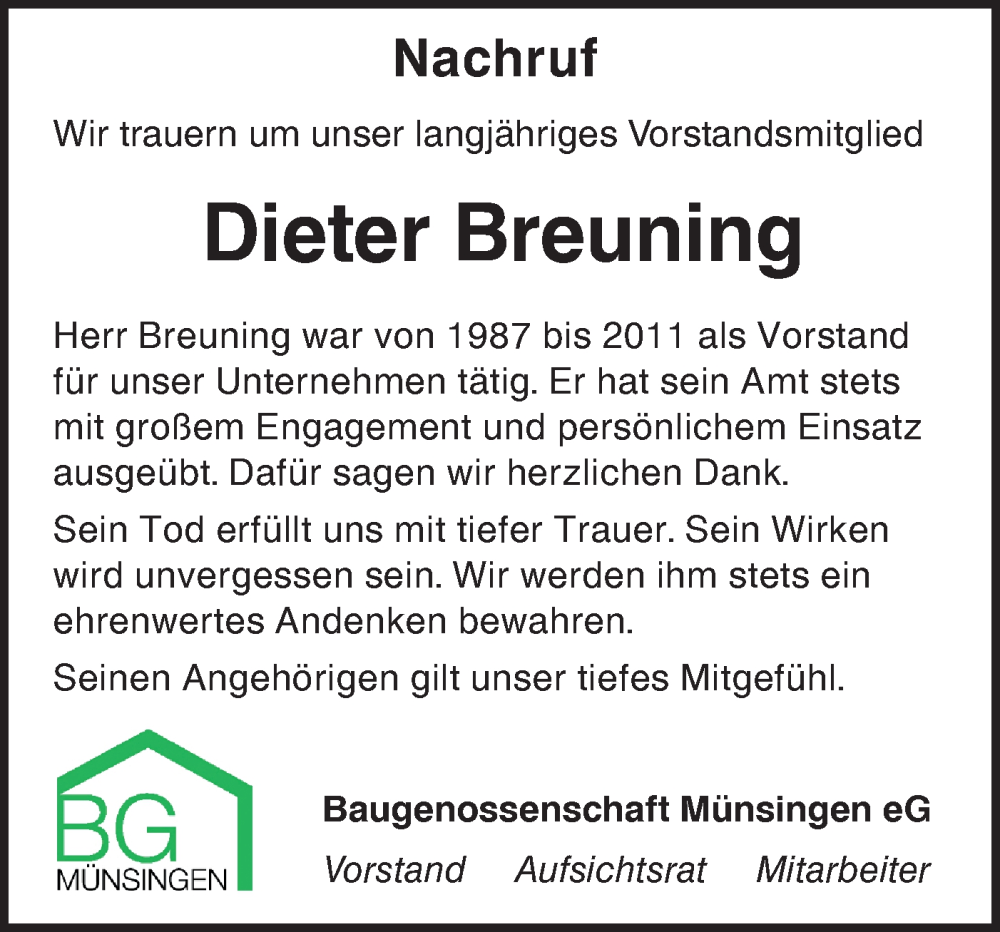  Traueranzeige für Dieter Breuning vom 13.02.2024 aus Alb-Bote/Metzinger-Uracher Volksblatt