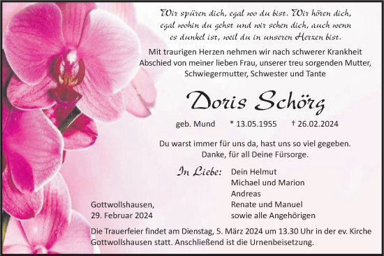 Traueranzeige von Doris Schörg von Haller Tagblatt