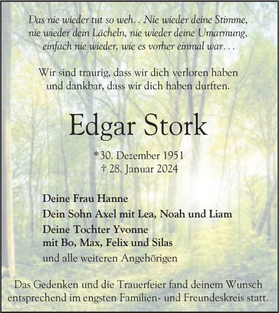 Traueranzeige von Edgar Stork von SÜDWEST PRESSE Ausgabe Ulm/Neu-Ulm