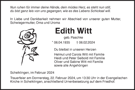 Traueranzeige von Edith Witt von Ehinger Tagblatt