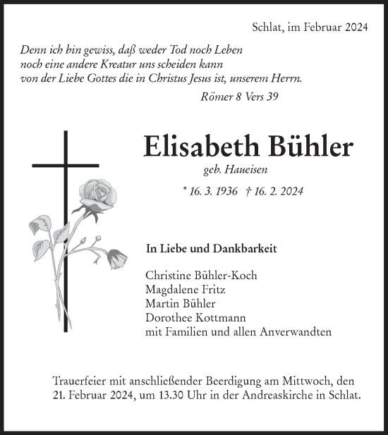 Traueranzeige von Elisabeth Bühler von NWZ Neue Württembergische Zeitung