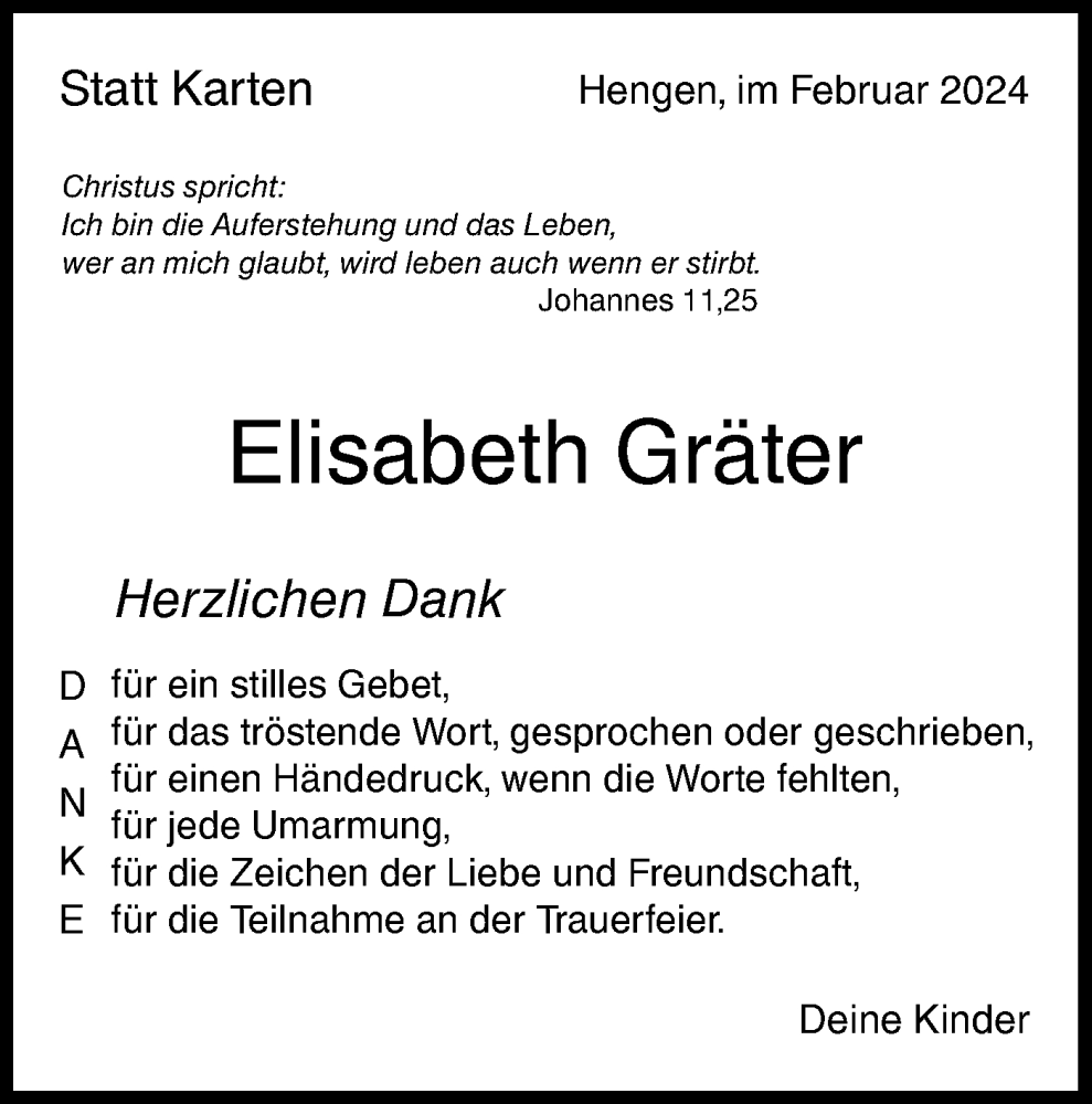  Traueranzeige für Elisabeth Gräter vom 24.02.2024 aus SÜDWEST PRESSE/SÜDWEST PRESSE