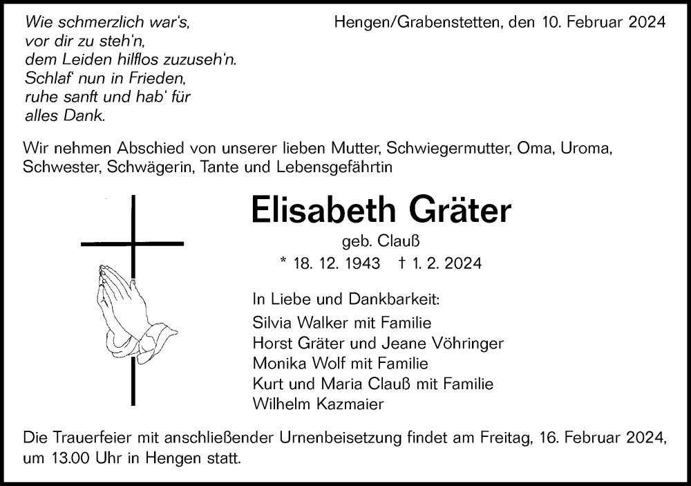  Traueranzeige für Elisabeth Gräter vom 10.02.2024 aus SÜDWEST PRESSE/SÜDWEST PRESSE