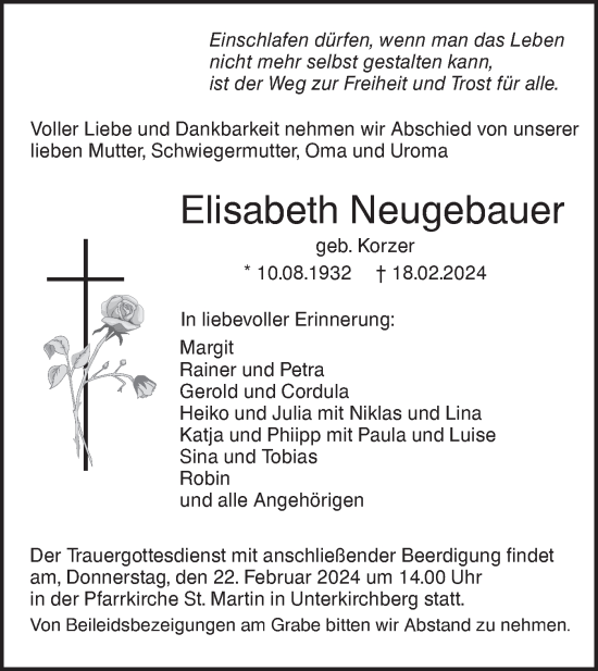 Traueranzeige von Elisabeth Neugebauer von SÜDWEST PRESSE Ausgabe Ulm/Neu-Ulm