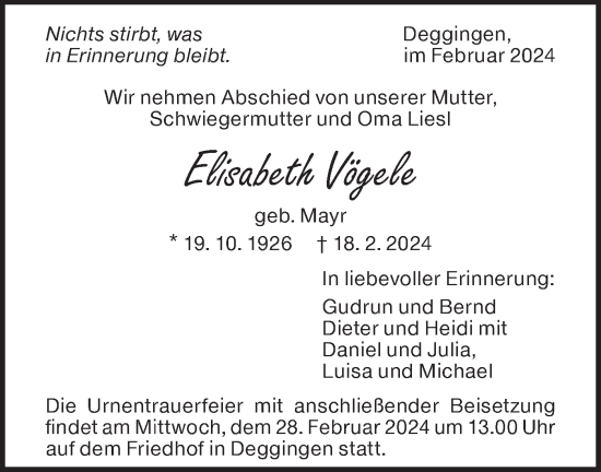 Traueranzeige von Elisabeth Vögele von Geislinger Zeitung