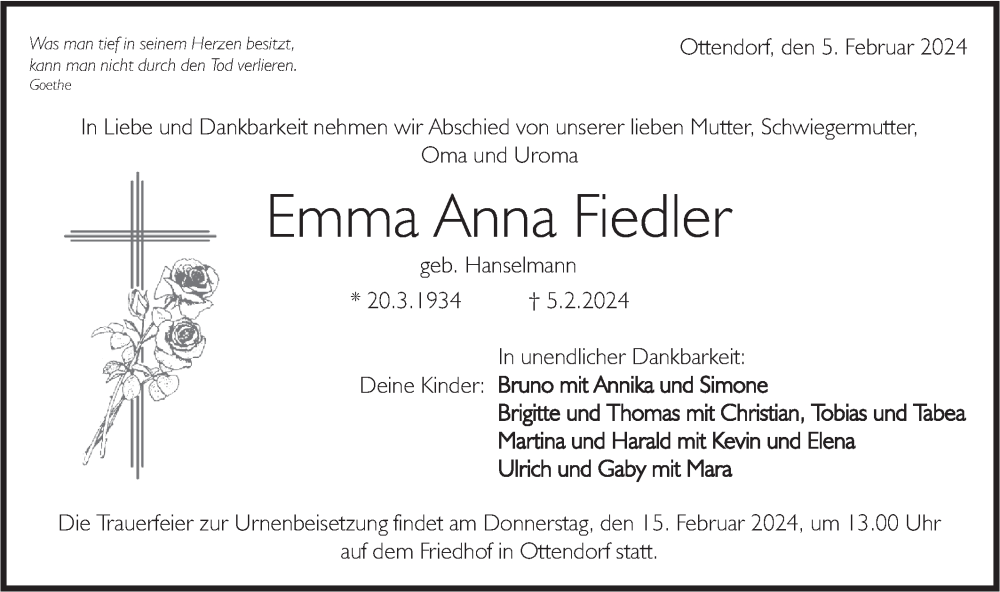  Traueranzeige für Emma Anna Fiedler vom 13.02.2024 aus Rundschau Gaildorf