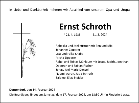 Traueranzeige von Ernst Schroth von Haller Tagblatt