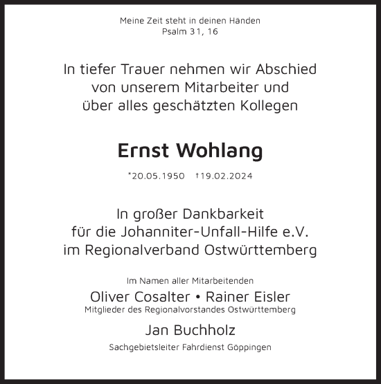 Traueranzeige von Ernst Wohlang von NWZ Neue Württembergische Zeitung