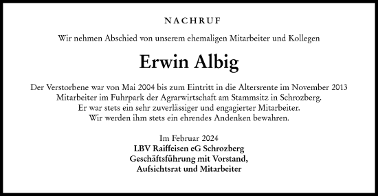 Traueranzeige von Erwin Albig von Hohenloher Tagblatt