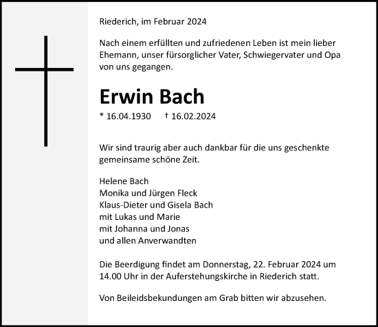 Traueranzeige von Erwin Bach von Alb-Bote/Metzinger-Uracher Volksblatt