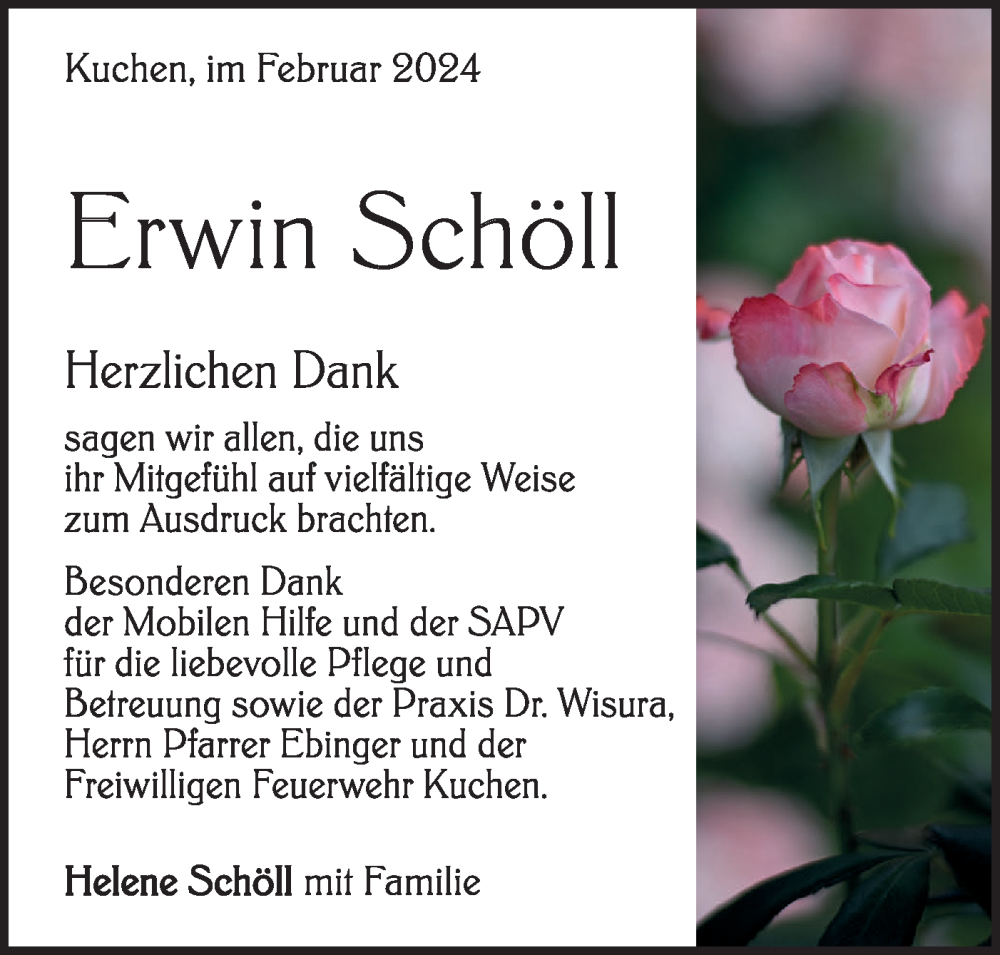  Traueranzeige für Erwin Schöll vom 13.02.2024 aus Geislinger Zeitung
