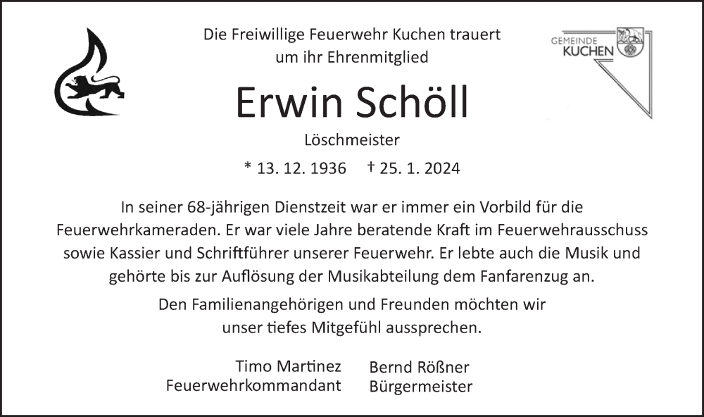  Traueranzeige für Erwin Schöll vom 14.02.2024 aus Geislinger Zeitung