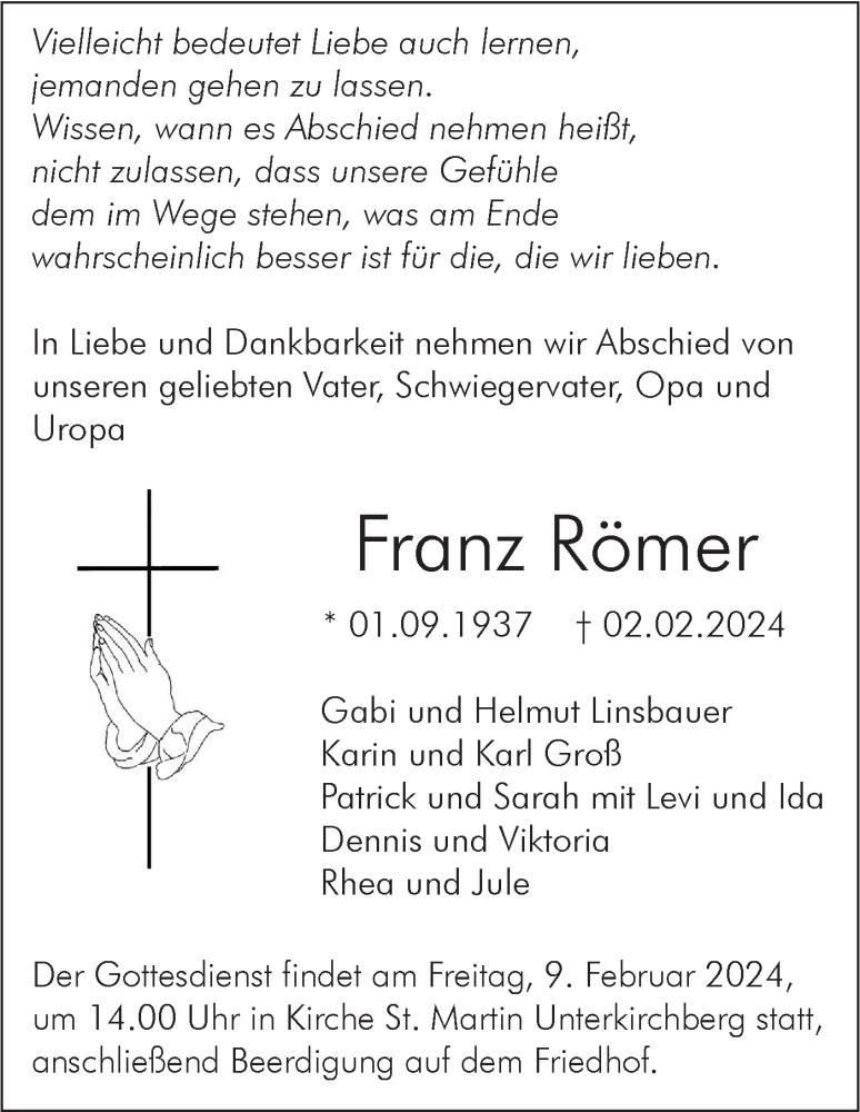 Traueranzeige für Franz Römer vom 06.02.2024 aus SÜDWEST PRESSE Ausgabe Ulm/Neu-Ulm
