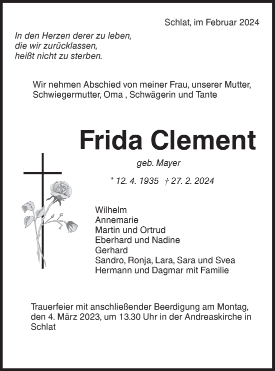 Traueranzeige von Frida Clement von NWZ Neue Württembergische Zeitung