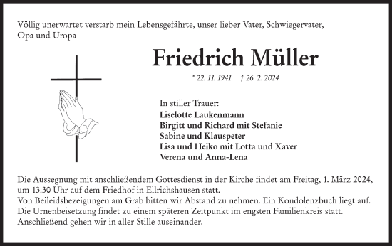 Traueranzeige von Friedrich Müller von Hohenloher Tagblatt