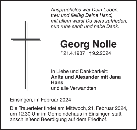 Traueranzeige von Georg Nolle von SÜDWEST PRESSE Ausgabe Ulm/Neu-Ulm