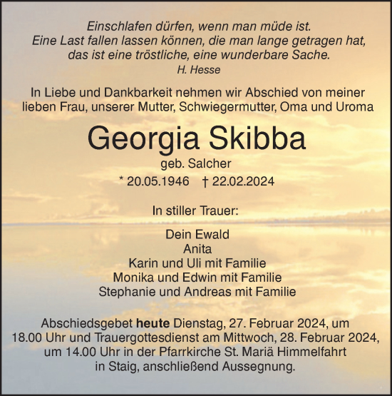 Traueranzeige von Georgia Skibba von SÜDWEST PRESSE Ausgabe Ulm/Neu-Ulm