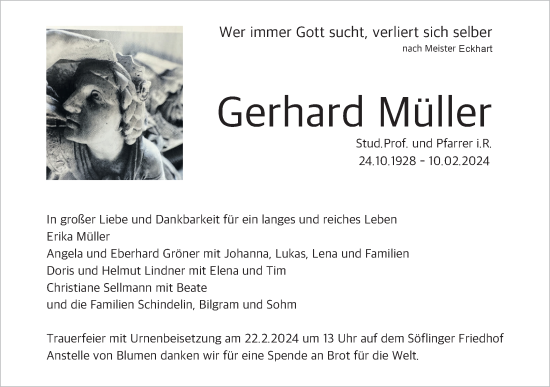 Traueranzeige von Gerhard Müller von SÜDWEST PRESSE Ausgabe Ulm/Neu-Ulm