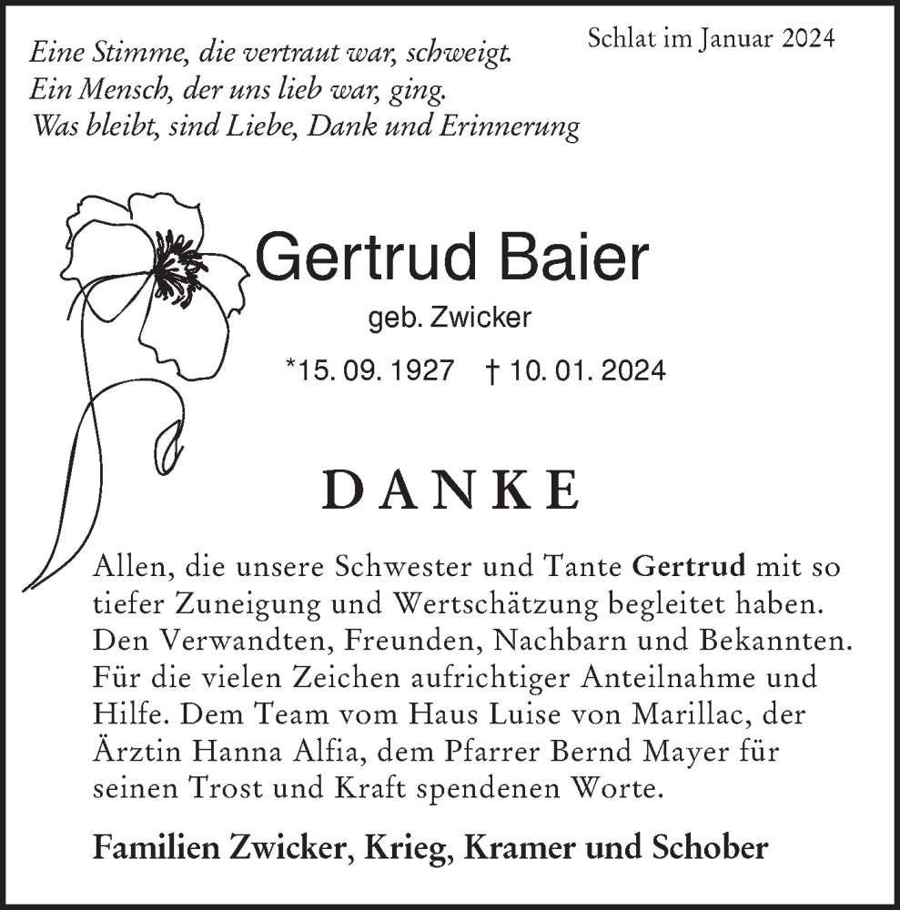  Traueranzeige für Gertrud Baier vom 10.02.2024 aus NWZ Neue Württembergische Zeitung