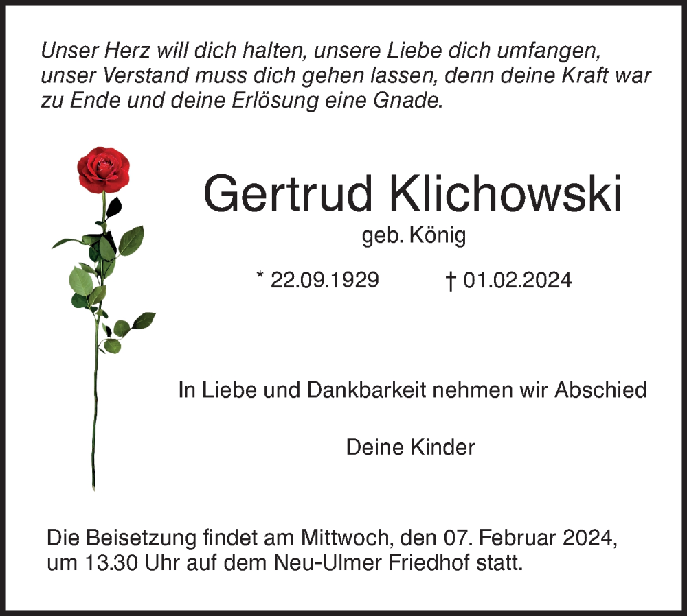  Traueranzeige für Gertrud Klichowski vom 03.02.2024 aus SÜDWEST PRESSE Ausgabe Ulm/Neu-Ulm