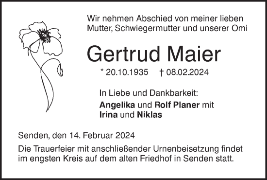 Traueranzeige von Gertrud Maier von SÜDWEST PRESSE Ausgabe Ulm/Neu-Ulm