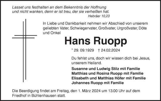 Traueranzeige von Hans Ruopp von SÜDWEST PRESSE Ausgabe Ulm/Neu-Ulm