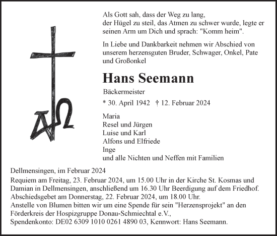 Traueranzeige von Hans Seemann von SÜDWEST PRESSE Ausgabe Ulm/Neu-Ulm