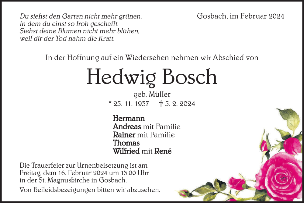  Traueranzeige für Hedwig Bosch vom 12.02.2024 aus Geislinger Zeitung