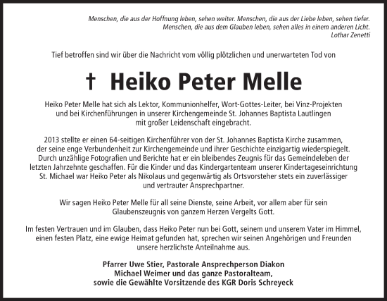 Traueranzeige von Heiko Peter Melle von Hohenzollerische Zeitung