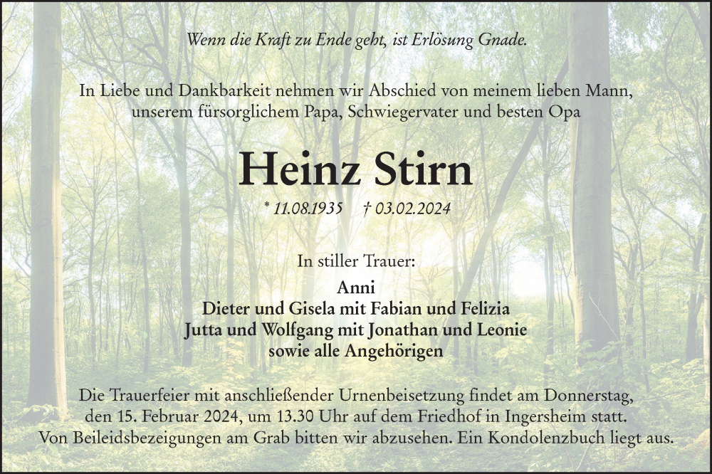  Traueranzeige für Heinz Stirn vom 10.02.2024 aus Hohenloher Tagblatt