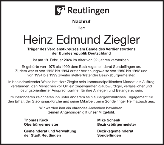 Traueranzeige von Heinz Ziegler von SÜDWEST PRESSE/SÜDWEST PRESSE