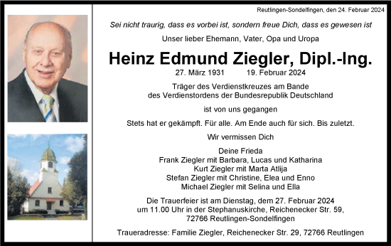 Traueranzeige von Heinz Edmund Ziegler von Alb-Bote/Metzinger-Uracher Volksblatt