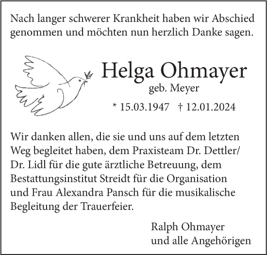Traueranzeige von Helga Ohmayer von SÜDWEST PRESSE Ausgabe Ulm/Neu-Ulm