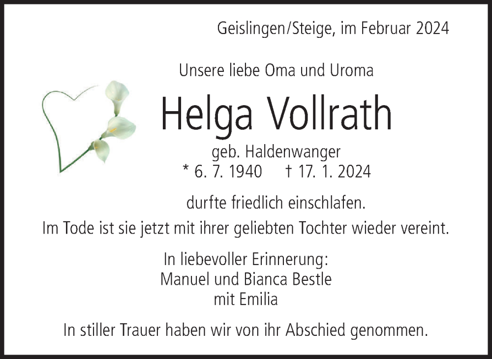  Traueranzeige für Helga Vollrath vom 10.02.2024 aus Geislinger Zeitung