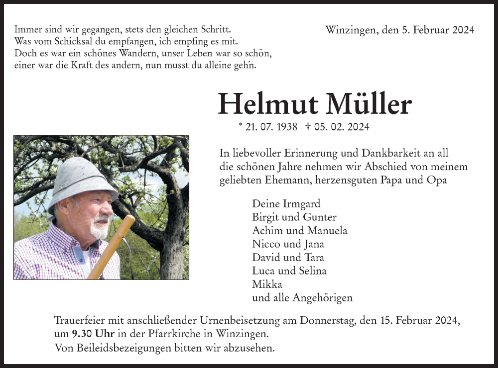  Traueranzeige für Helmut Müller vom 12.02.2024 aus NWZ Neue Württembergische Zeitung