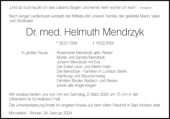 Traueranzeige von Helmuth Mendrzyk von Haller Tagblatt