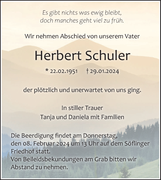 Traueranzeige von Herbert Schuler von SÜDWEST PRESSE Ausgabe Ulm/Neu-Ulm